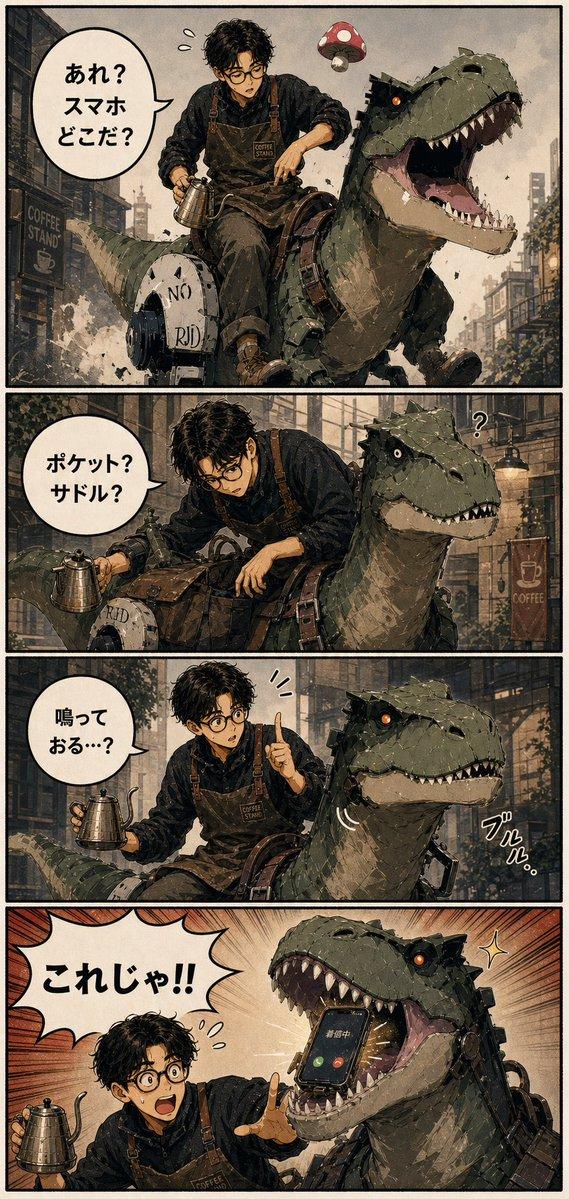 プロンプトのプレビュー: 4 コマ漫画:スマホを探すティラノサウルス