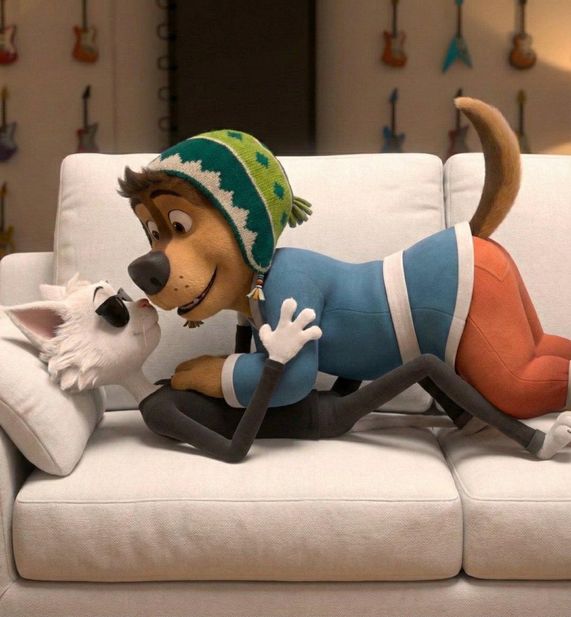 ตัวอย่างพรีวิวพรอมต์: ตัวละครจาก Rock Dog บนโซฟา