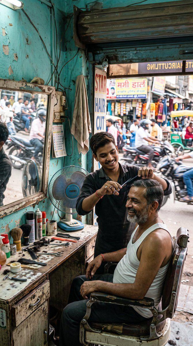 Prompt preview: Photorealistic 4K street photograph of a young barber cutting a customer's hair at a tiny roadside b…