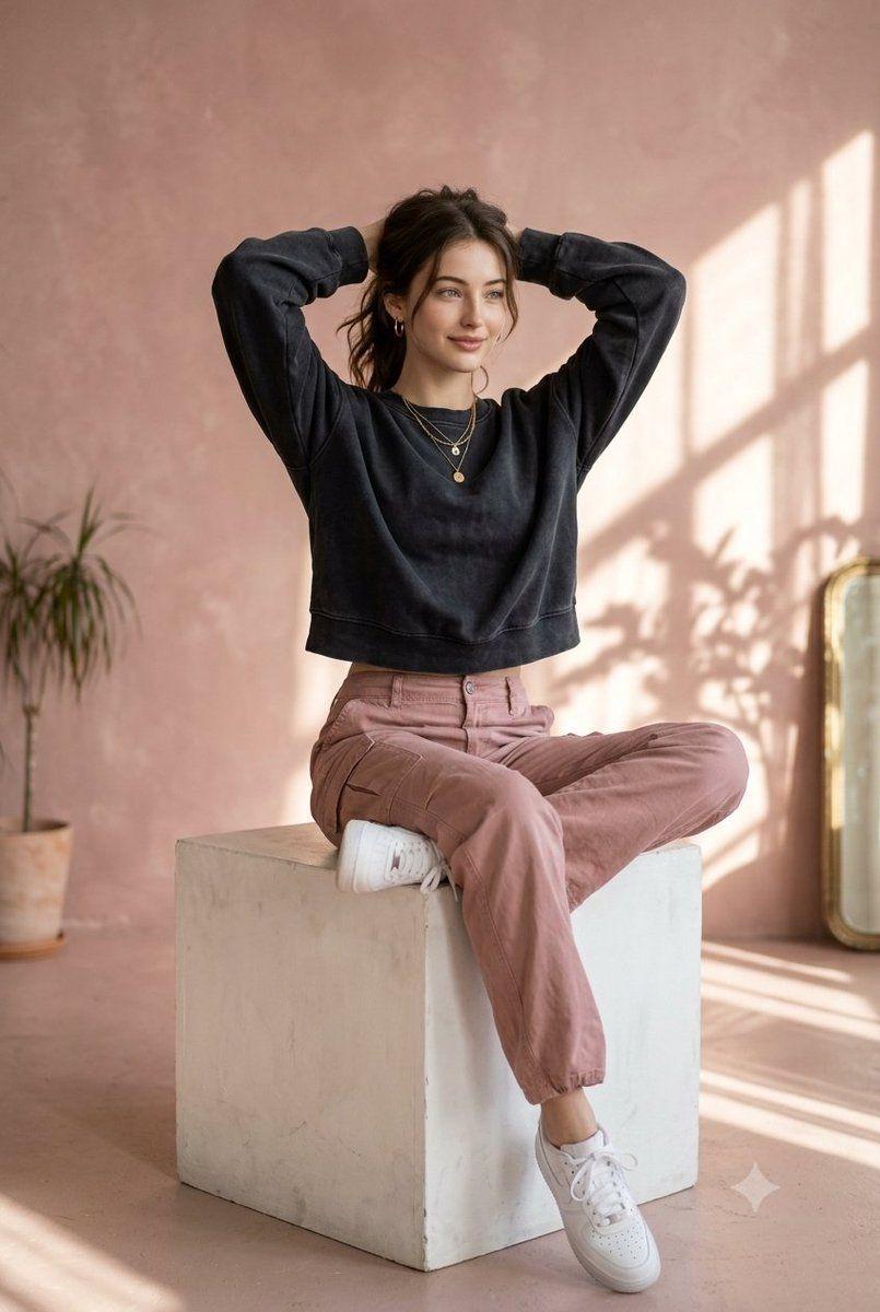 Prompt preview: Ultra-realistic lifestyle fashion portrait of a young woman sitting casually on a white rectangular …