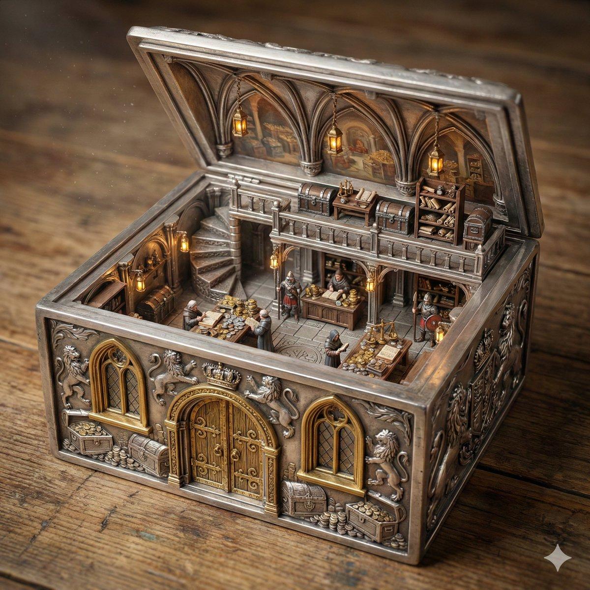 Promptforhåndsvisning: Ornate Box Diorama of a Royal Treasury Counting Room