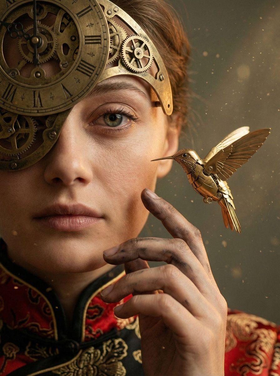 Prompt preview: { "vibe_title_en": "Mechanical Melancholy", "master_prompt": "Extreme close-up macro portrait. The P…