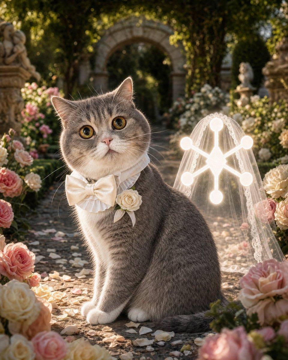 プロンプトのプレビュー: 猫の新郎のガーデンウェディングポートレート