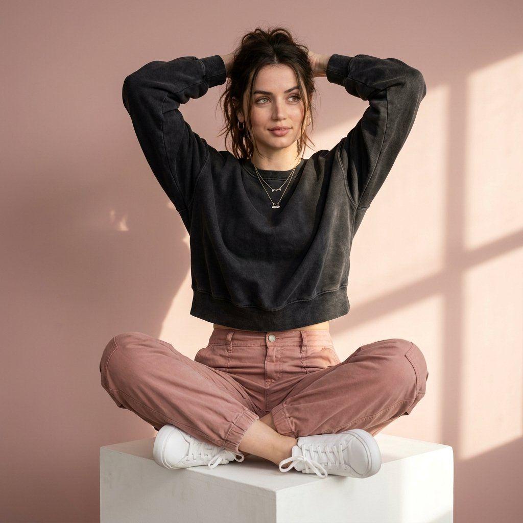 Prompt preview: Ultra-realistic lifestyle fashion portrait of a young woman sitting casually on a white rectangular …