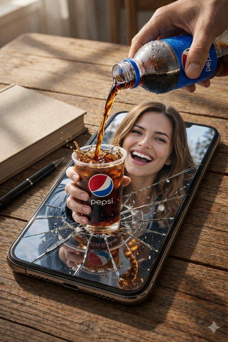 プロンプトのプレビュー: シュールな Pepsi 注ぎ込みスマホ合成画像