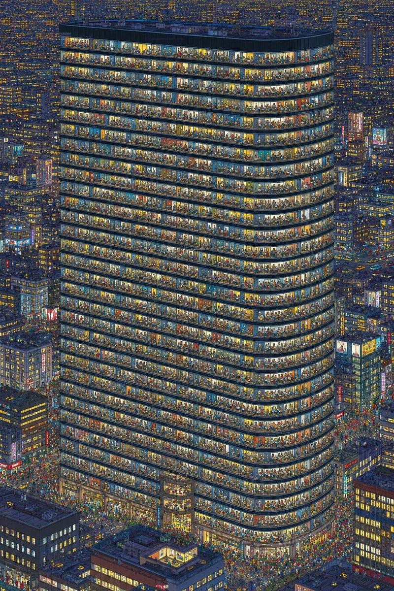 プロンプトのプレビュー: 賑わう夜のオフィスビル