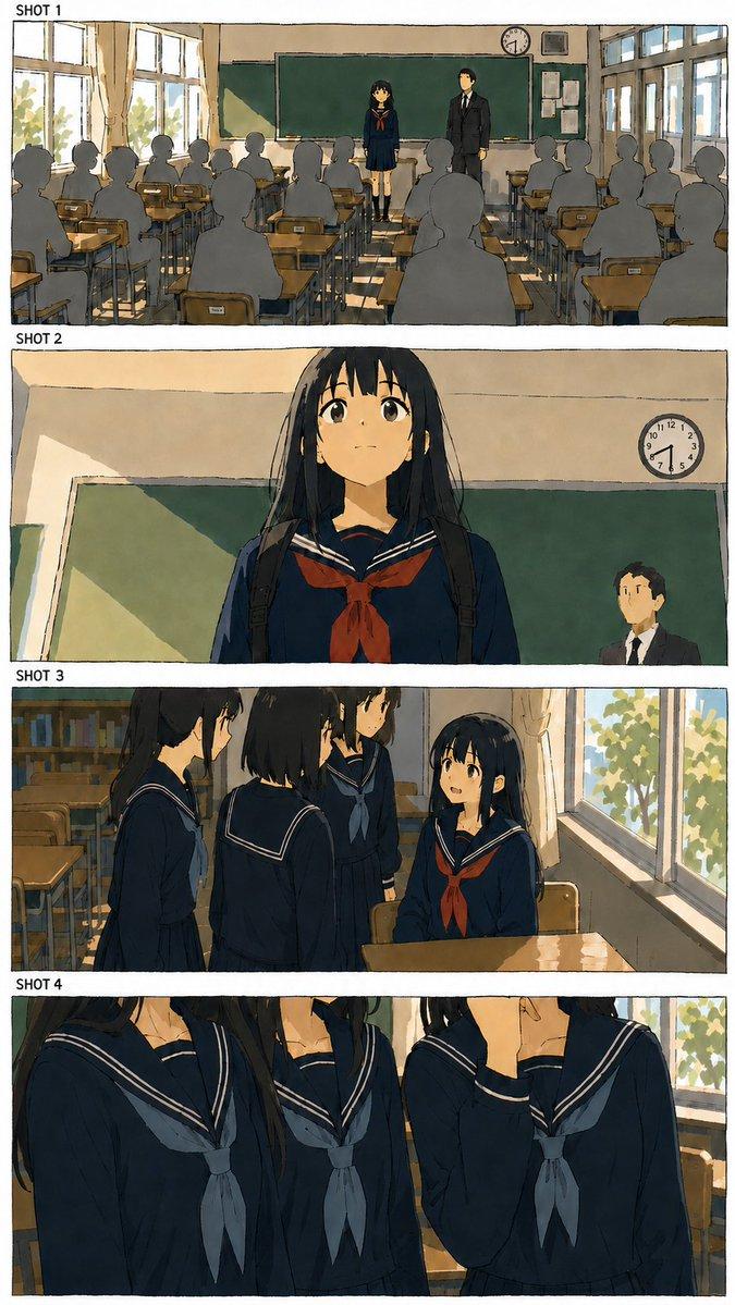 プロンプトのプレビュー: アニメ教室のストーリーボード