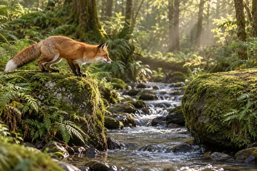 A red fox crouches on the left mossy rock, ready to jump across a woodland stream.