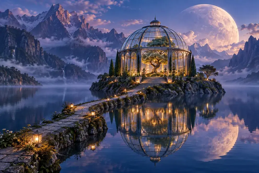 A glass garden pavilion on a rocky island, reflected in a lake beneath a giant moon.