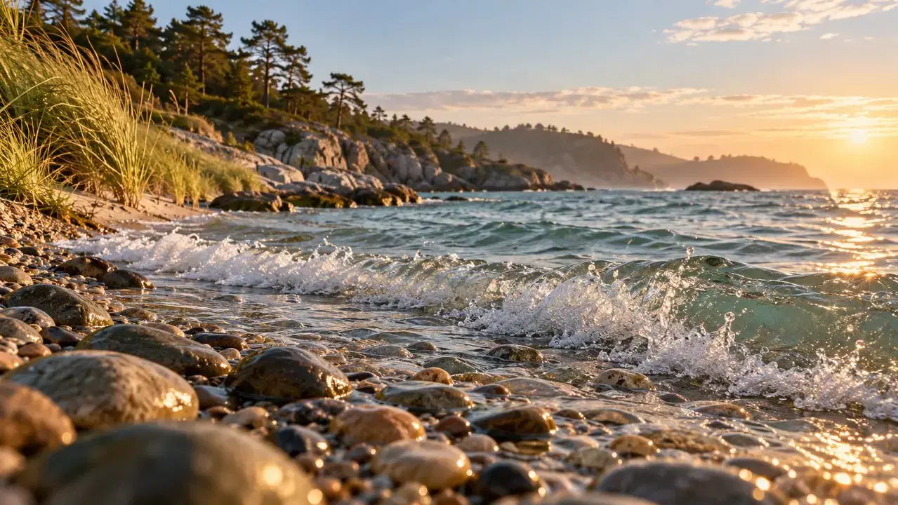 海浪拍打鹅卵石,海风吹弯岸边的草