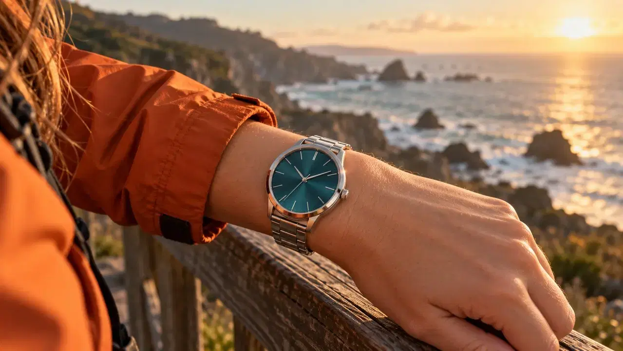 海边手腕上银色手表的特写