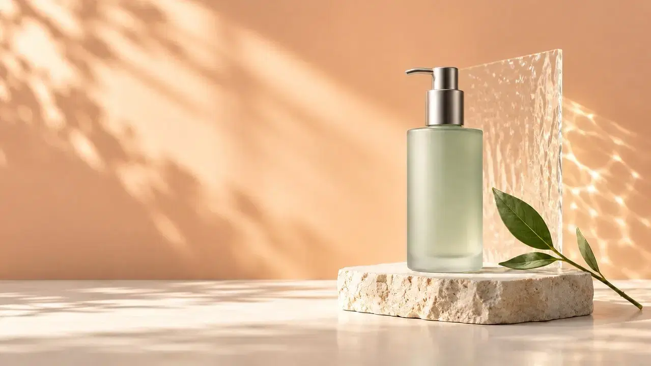 Frasco de skincare verde-sálvia sobre pedra com fundo pêssego quente