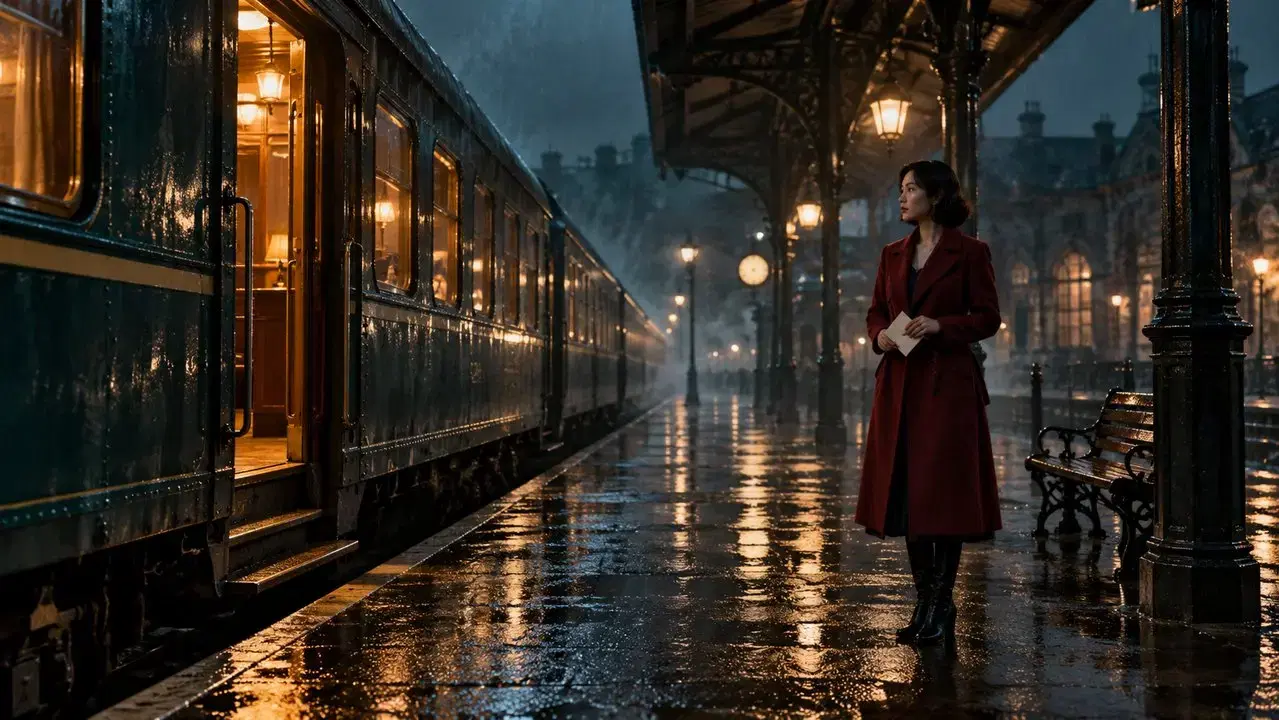 A woman in a red coat holds an envelope beside a train on a rain-soaked platform.