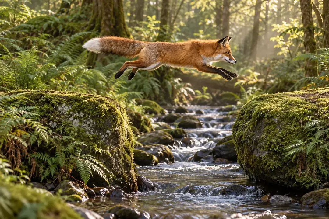 The same red fox leaps through the air between two mossy rocks above the stream.