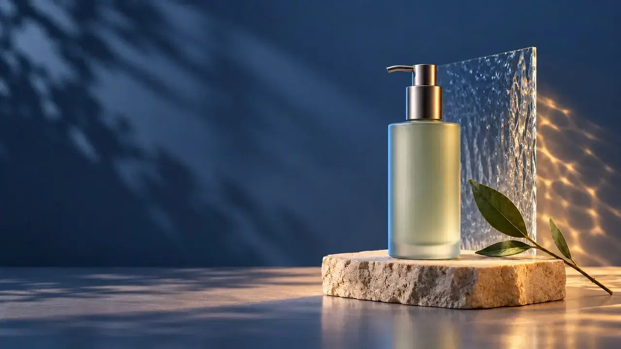 A mesma composição do produto com luz azul do entardecer e reflexos quentes