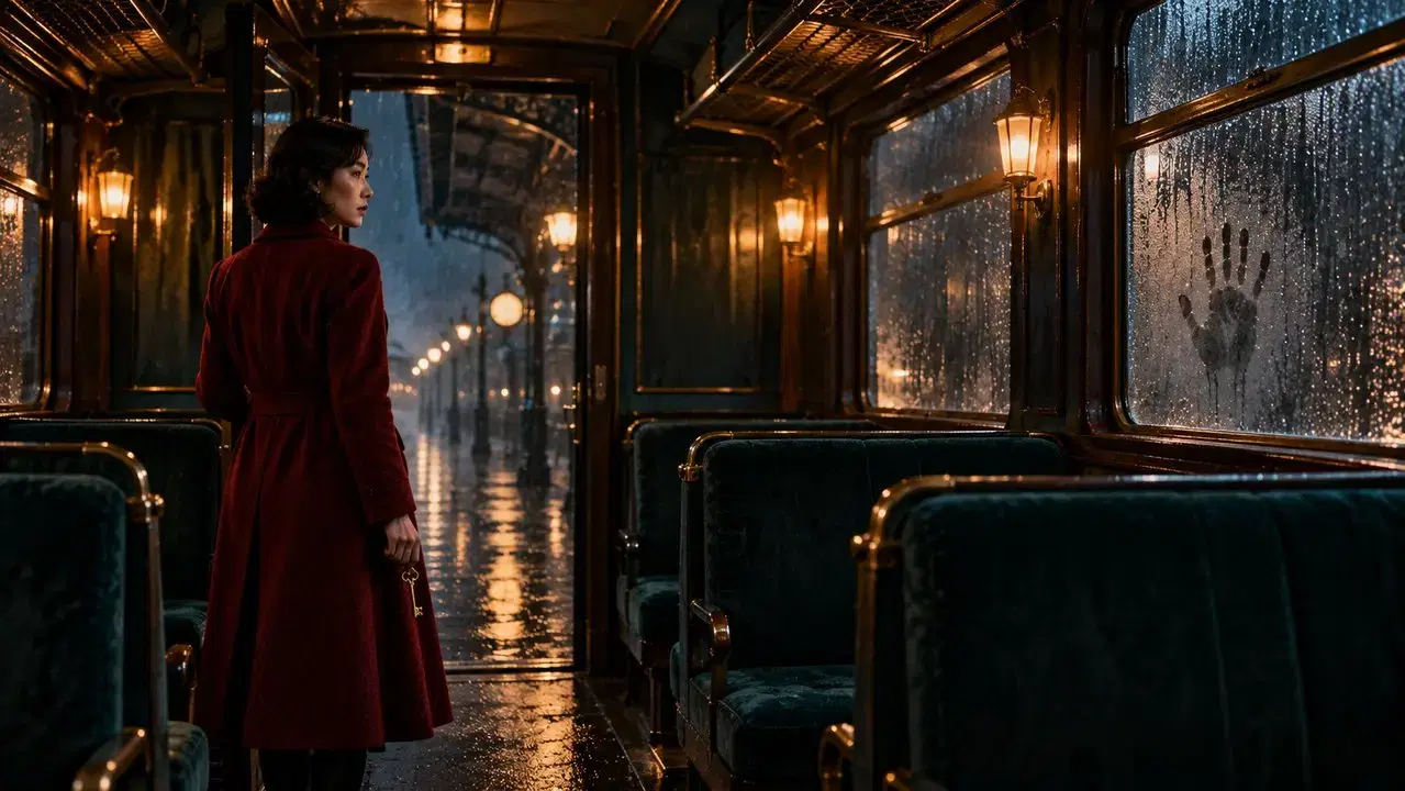 A woman discovers a handprint on the window of an otherwise empty train carriage.