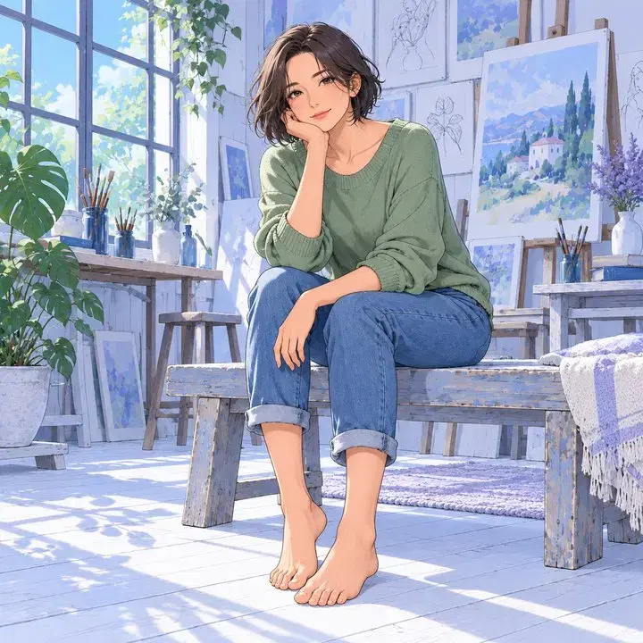 Volwassen animefiguur in groene trui en jeans zit op blote voeten in een atelier