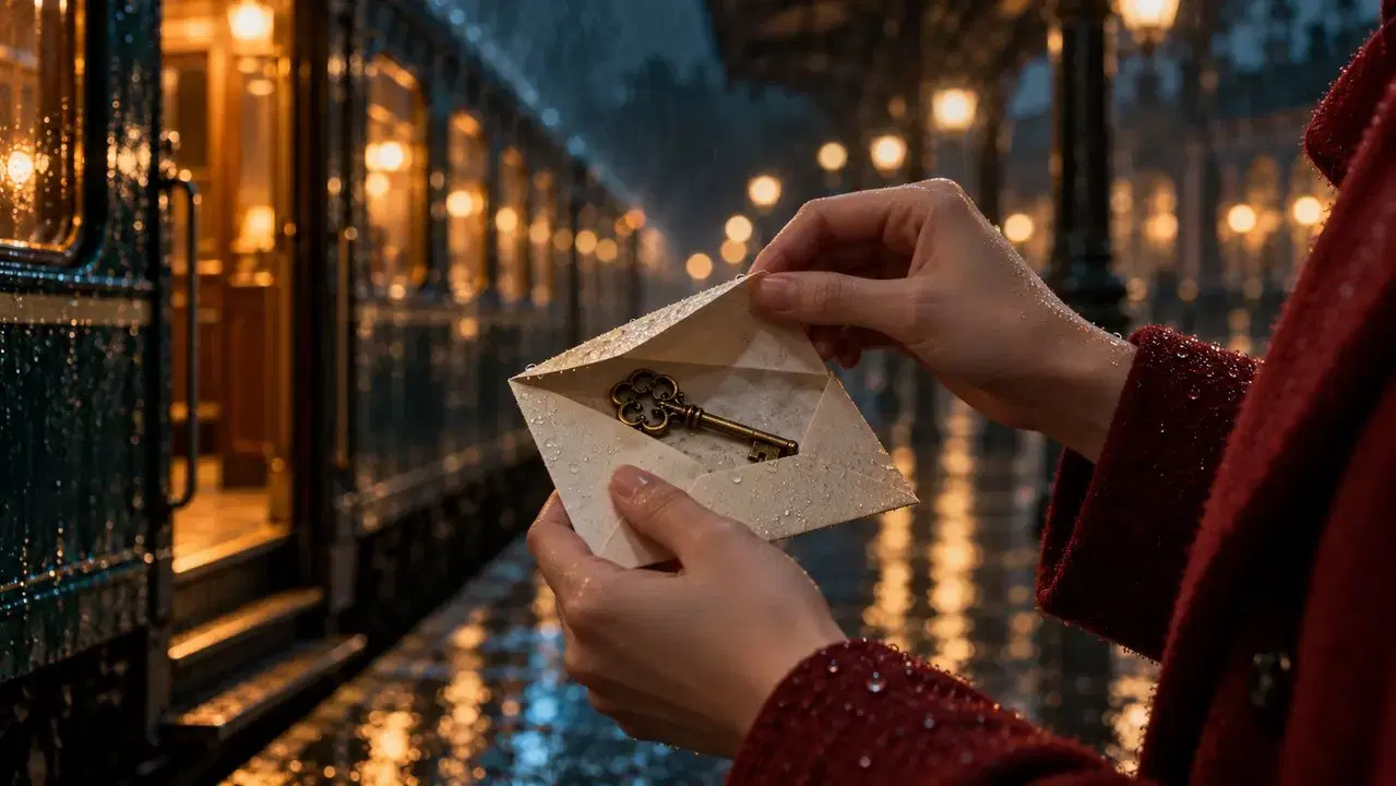 A brass key revealed inside an ivory envelope, framed by red coat sleeves.
