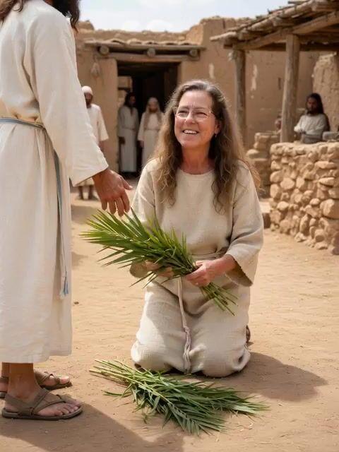 Pré-visualização do prompt: Vídeo de mulher estendendo ramos de palmeira para Jesus