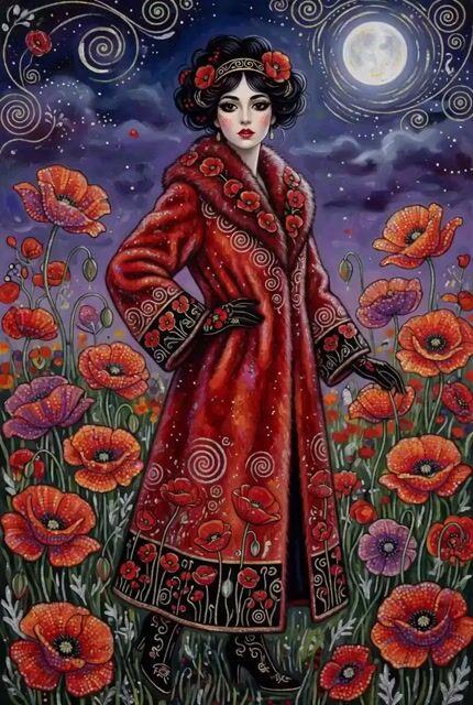 Pré-visualização do prompt: Mulher elegante de casaco de pele vermelho sob o luar