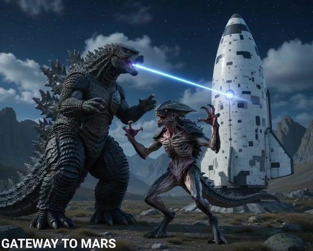 Anteprima del prompt: Creatura aliena che protegge la Starship da Godzilla