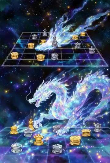 Pré-visualização do prompt: Peça de Shogi transformando-se em um dragão no espaço