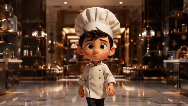 プロンプトのプレビュー: アニメ調のシェフの少年 ホテルの厨房での一連の動作