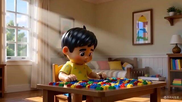 プロンプトのプレビュー: レゴを組み立てる 3D アニメーションの少年