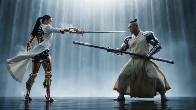 プロンプトのプレビュー: 徐克風サイバー武侠決闘:機械の肢体 vs 漢服