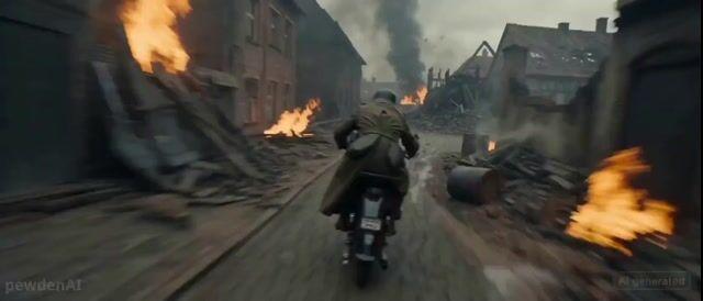 プロンプトのプレビュー: 映画のような第二次世界大戦のバイク脱出