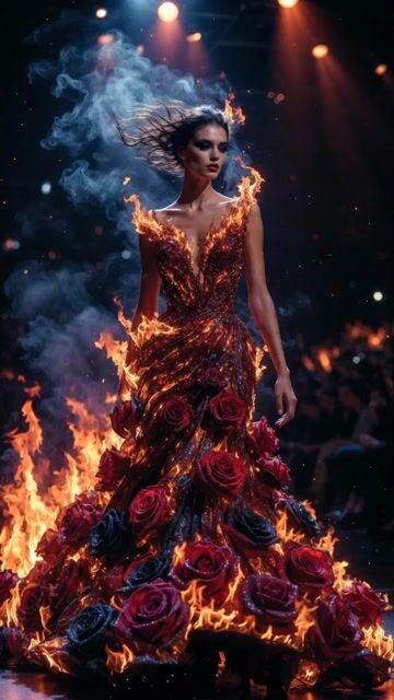 Anteprima del prompt: Sfilata di Alta Moda tra Fiamme e Rose