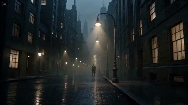 プロンプトのプレビュー: ノワール調 SF 都市のワンショット映像