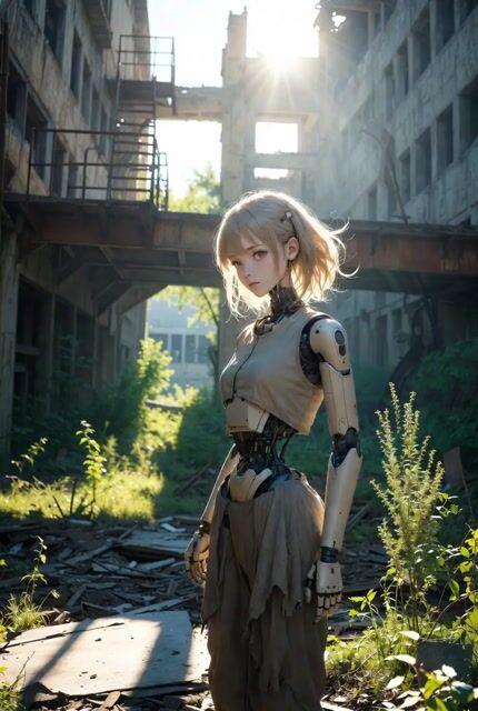 Anteprima del prompt: Ragazza post-apocalittica e guardiani androidi