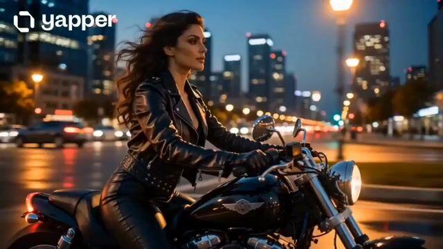 プロンプトのプレビュー: 夕暮れの街を走るシネマティックなバイクシーン