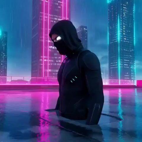 Promptvoorbeeld: Cyber-Ninja Teleport in Rain-Soaked Neon City