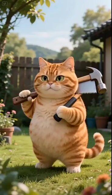 プロンプトのプレビュー: アニメ調の猫による木工プロジェクト
