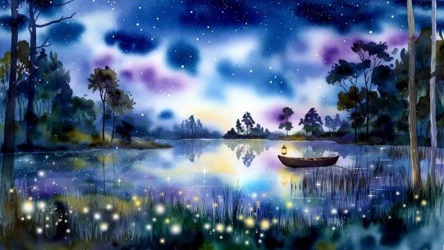 Aperçu du prompt: Lac forestier à l'aquarelle sous un ciel étoilé avec des lucioles et une barque en bois
