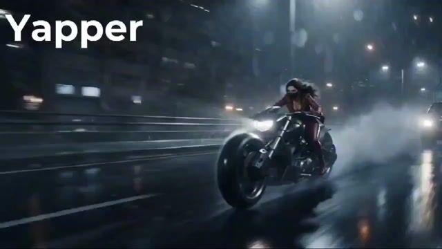 プロンプトのプレビュー: フォトリアルなサイバーパンク、豪雨の中のバイク型ロボットチェイス
