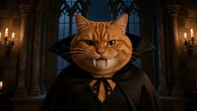 プロンプトのプレビュー: 吸血鬼猫のブラックコメディ・シークエンス