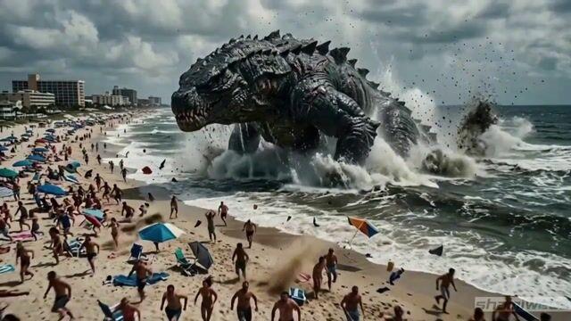 プロンプトのプレビュー: 映画のようなビーチでのモンスターバトル