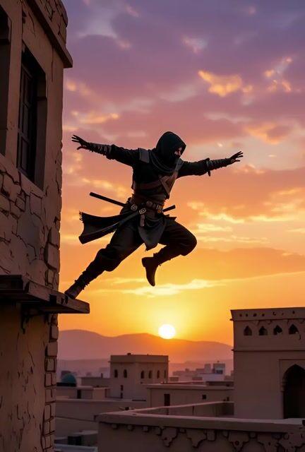 Vista previa del prompt: Aterrizaje de personaje y paneo al atardecer