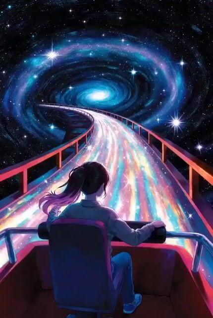 Prompt-Vorschau: Video-Prompt: Mädchen auf einer Achterbahn durch die Galaxie