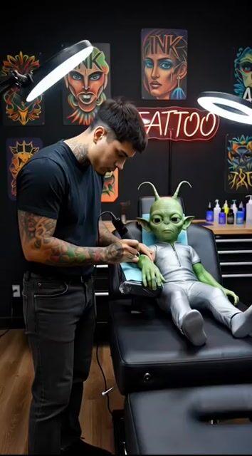 Prompt-Vorschau: Tattoo-Studio mit einem Alien-Kunden