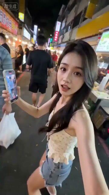 Anteprima del prompt: Video POV del mercato notturno con la fidanzata taiwanese