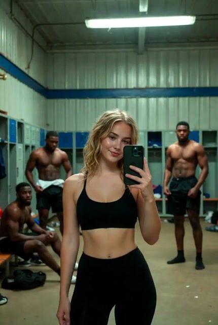 Prompt-Vorschau: Video-Prompt: Blonde Frau macht Selfie mit afrikanischen Fußballspielern
