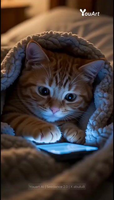 Anteprima del prompt: Gattino Furtivo che Scorre il Telefono Sotto le Coperte