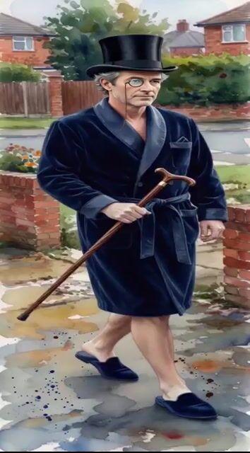 Pré-visualização do prompt: Homem britânico elegante caminhando por uma rua residencial