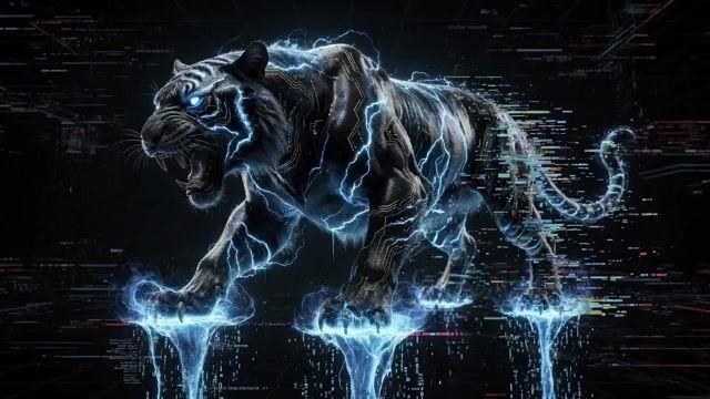 Aperçu du prompt: Prompt d'art glitch cyberpunk hyper-réaliste pour un tigre électrique massif