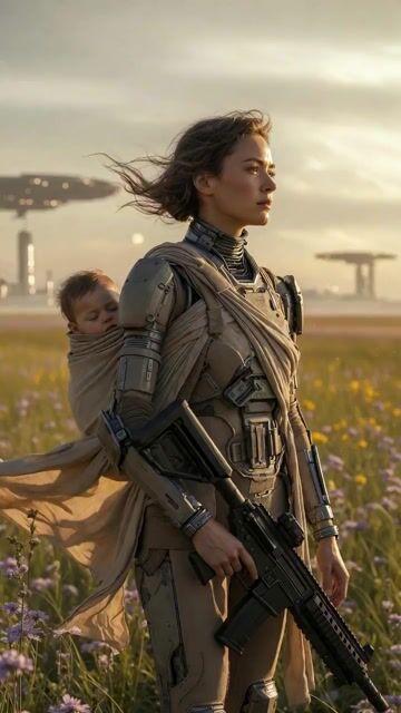 Aperçu du prompt: Guerrière futuriste et son enfant dans un champ de fleurs