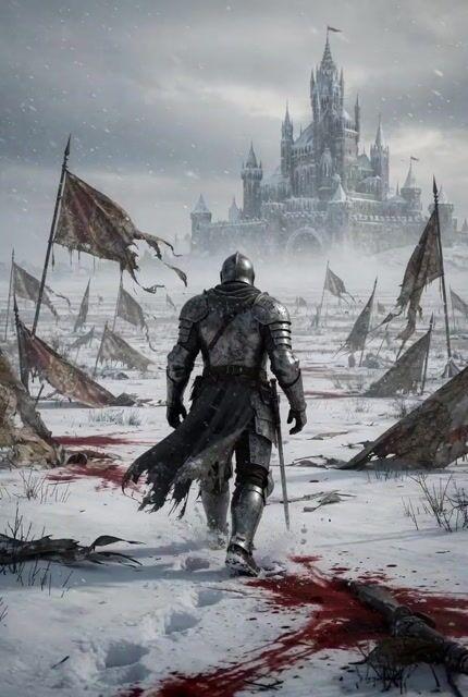 Aperçu du prompt: Prompt vidéo : Chevalier médiéval solitaire dans un champ enneigé
